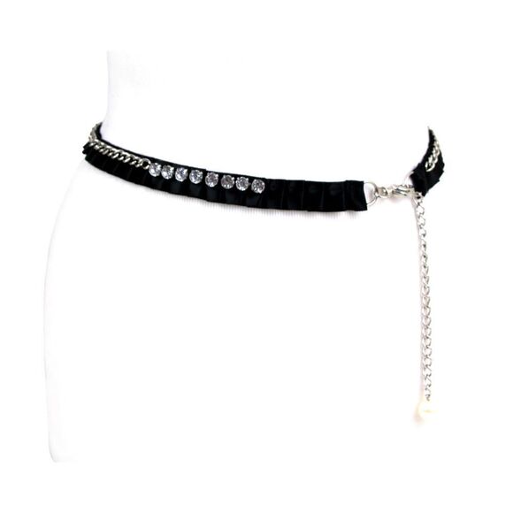 Handmade Accessories - BLACK FABRIC RHINESTONE FAUX PEARL 3/4"Wd DRESS WOMEN BELT ADJUSTABLE Size (E98